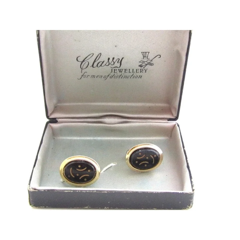 Vintage Classy Jewelry For Men Of Distinction Boxed Black Cabochon Cufflinks*L16